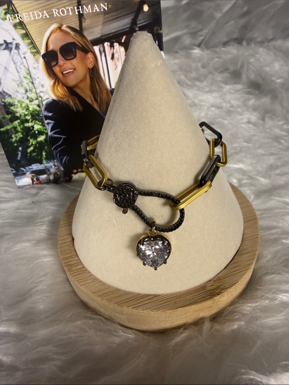 Freida Rothman Gold and Black Chain Bracelet with Clear Crystal Charm